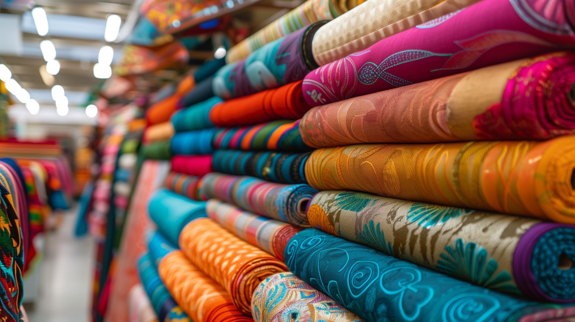 Stacks of colorful fabric rolls in a store. Reds, blues, yellows, and pinks.