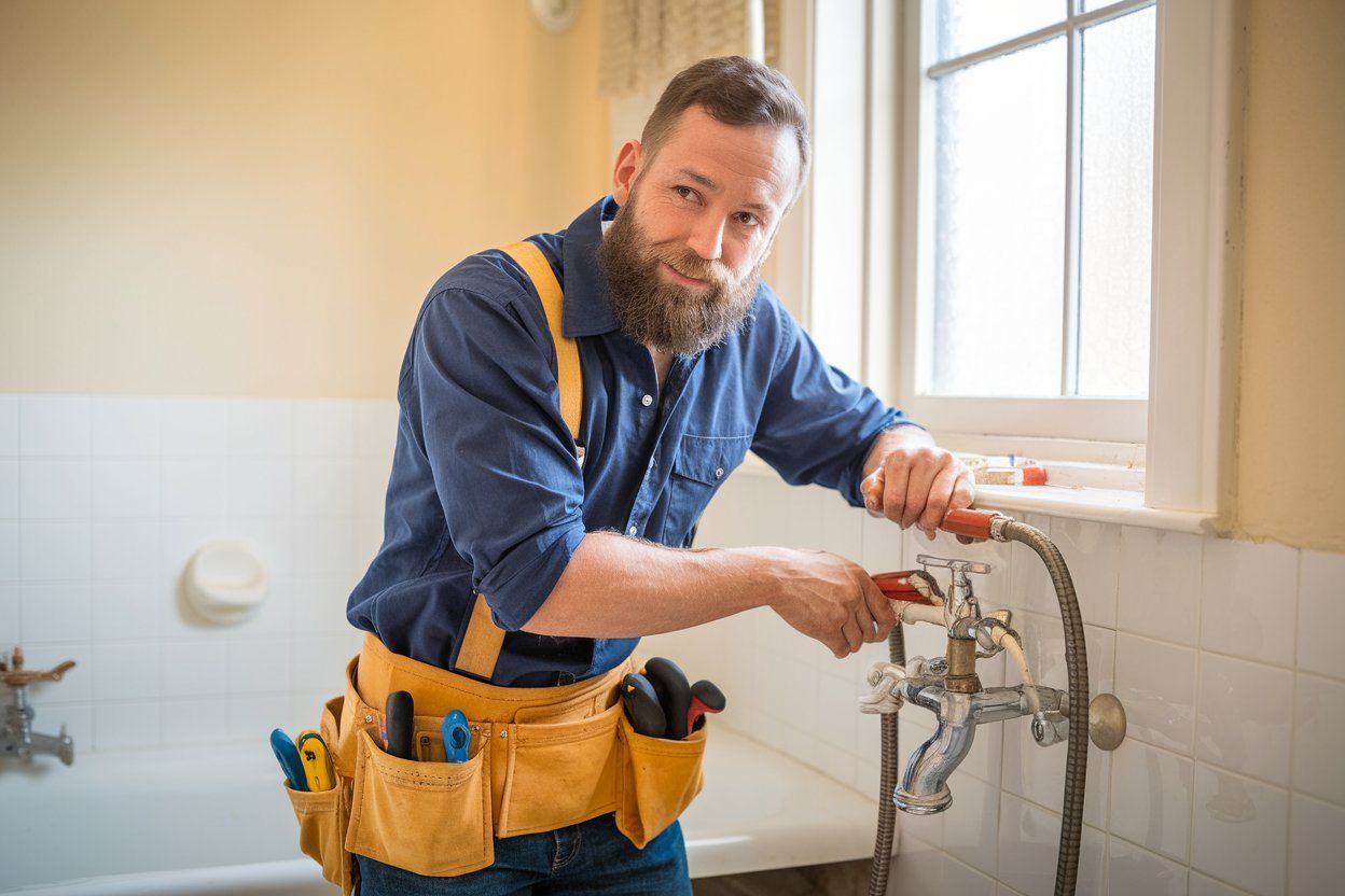 A plumber is fixing a faucet in a bathroom.