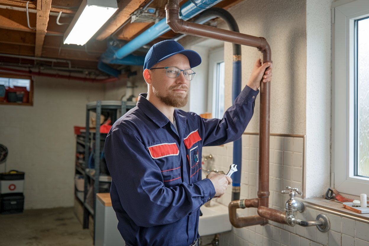 A man is fixing a pipe with a wrench in a kitchen.
