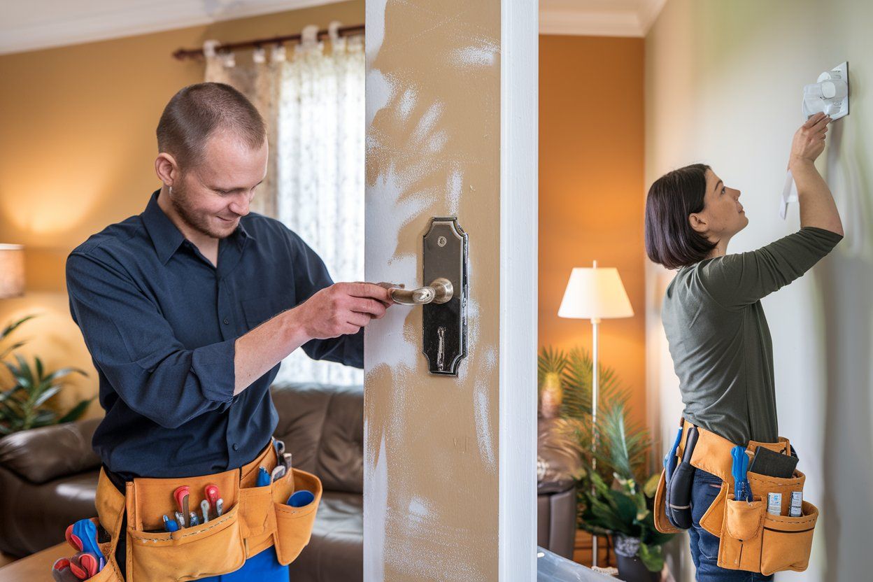 A man and a woman are working on a door in a living room.