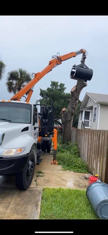 A truck with a crane attached to it is cutting down a tree.
