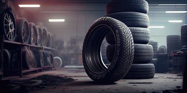 A garage filled with stacked tires. A tire stands upright in front of the stack. Dusty, dimly lit interior.