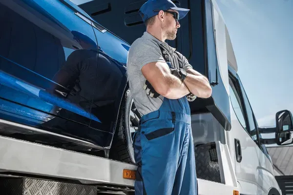 Tow truck driver in blue uniform, arms crossed, beside a blue car on a sunny day.