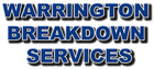 Warrington Breakdown Services logo: Blue text with white and gray outline on a white background.
