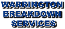 Warrington Breakdown Services logo: Blue text with white and gray outline on a white background.