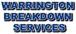 Warrington Breakdown Services logo: Blue text with white and gray outline on a white background.