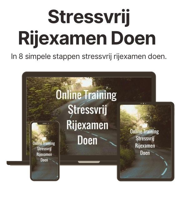 An advertisement for online training stressvrij rijexamen doen