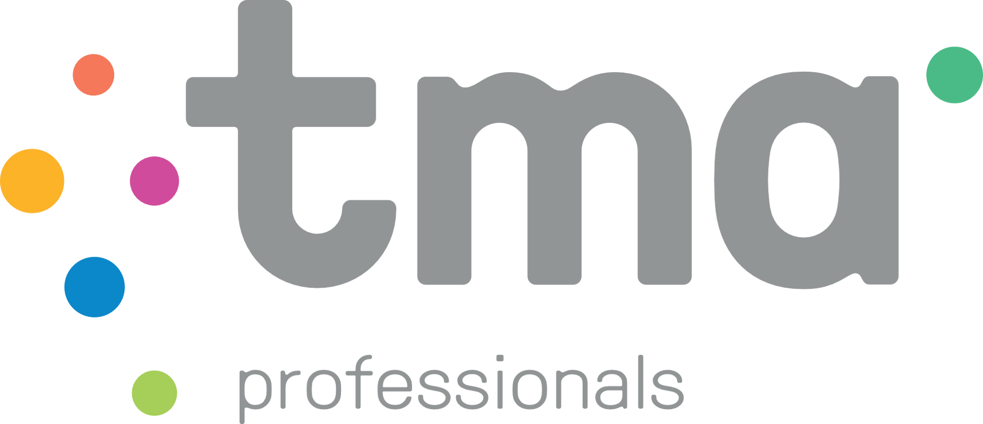 Een logo voor tma-professionals met kleurrijke stippen op een witte achtergrond.
