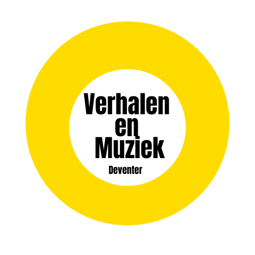A yellow circle with the words verhalen en muziek deventer on it