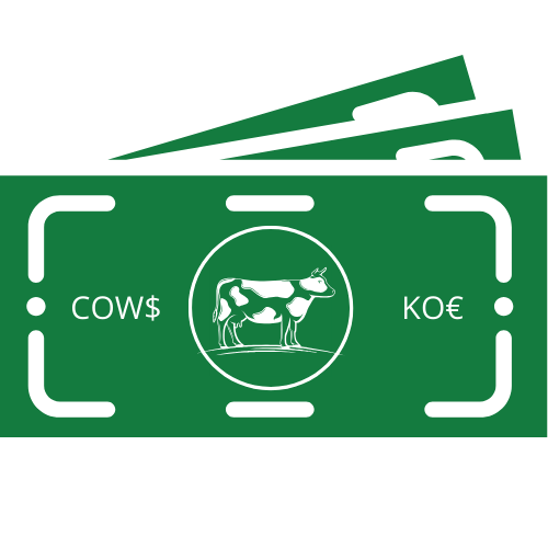 Een groen dollarbiljet met een koe in een cirkel erop.
