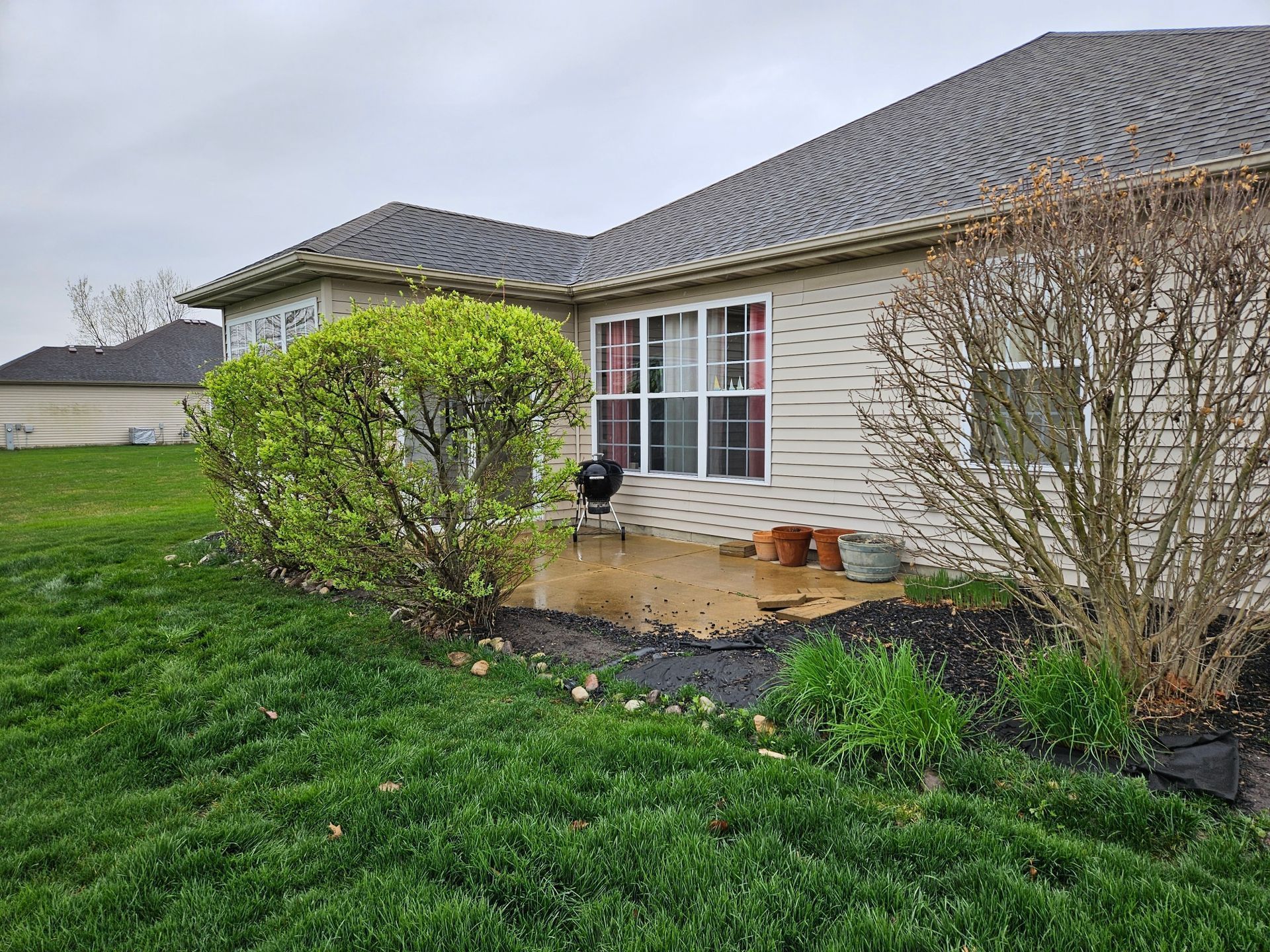Backyard patio with green grass, bushes, and a house with a dark roof on an overcast day.
