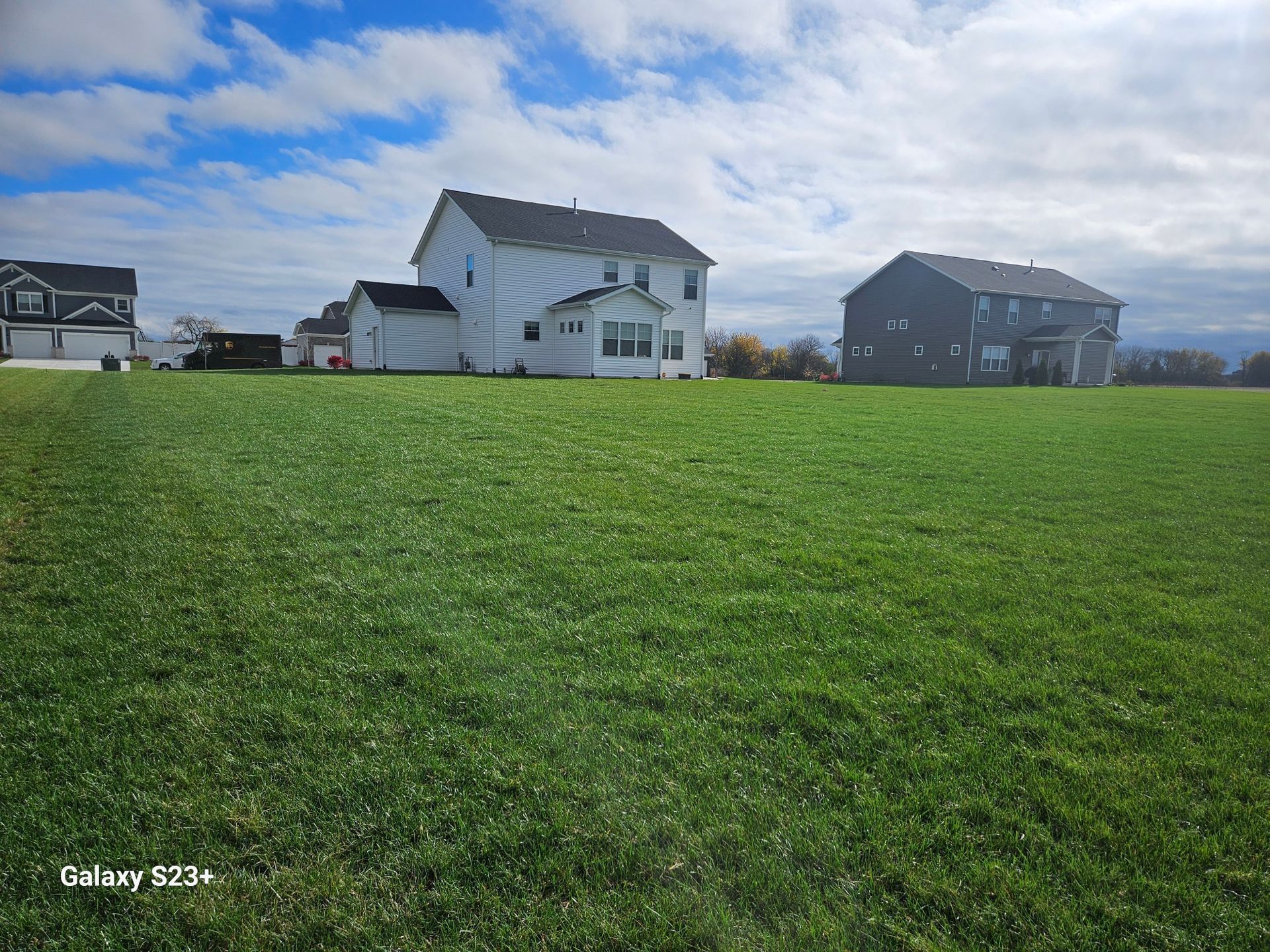 Green field with houses under a cloudy sky.