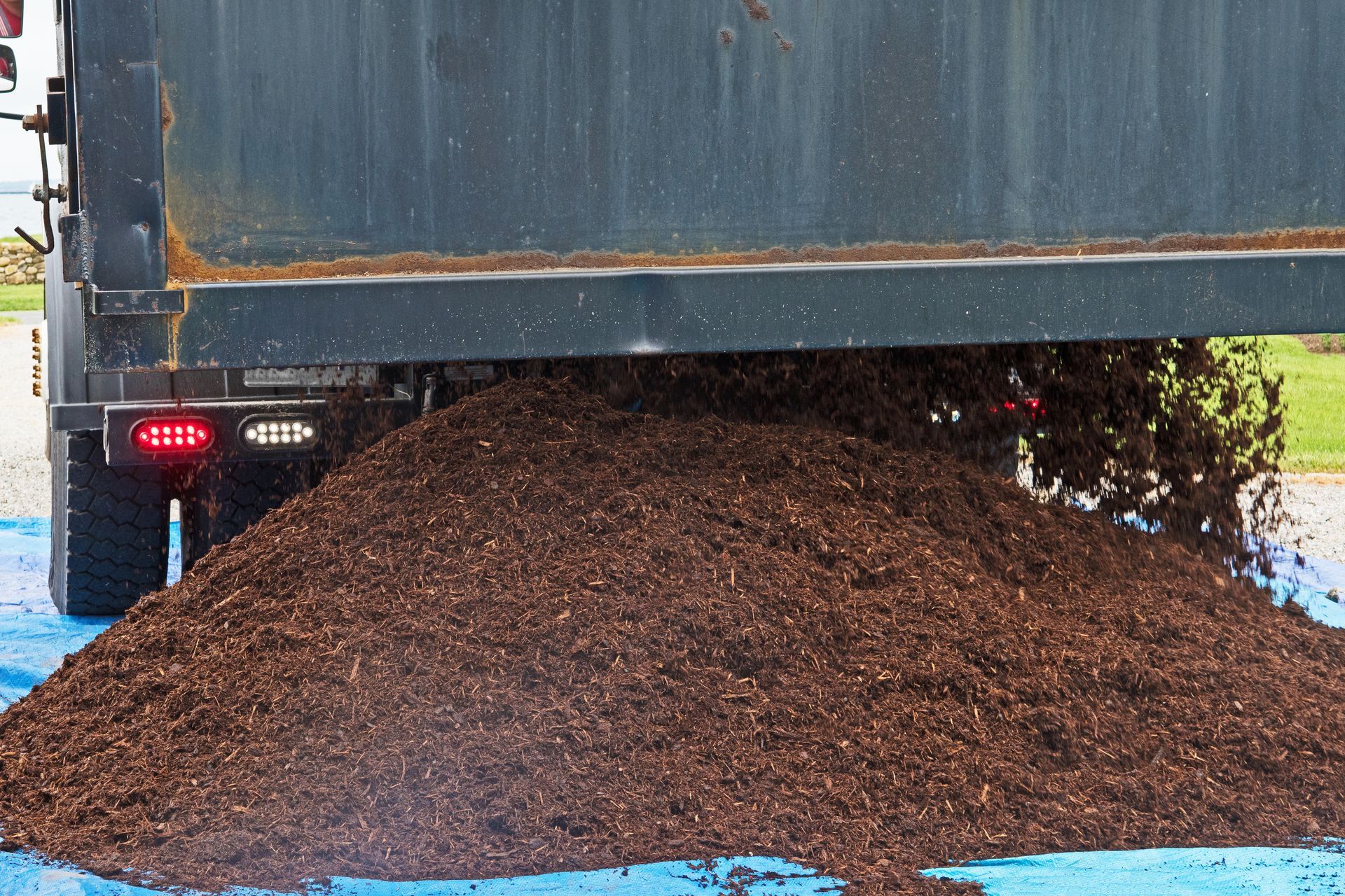 A dump truck unloading fresh brown mulch onto a tarp for a landscaping project.