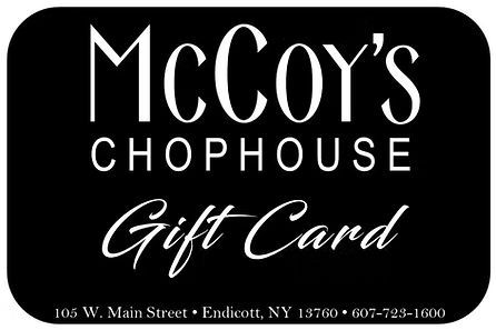 A black and white logo for mccoy 's chophouse gift card.