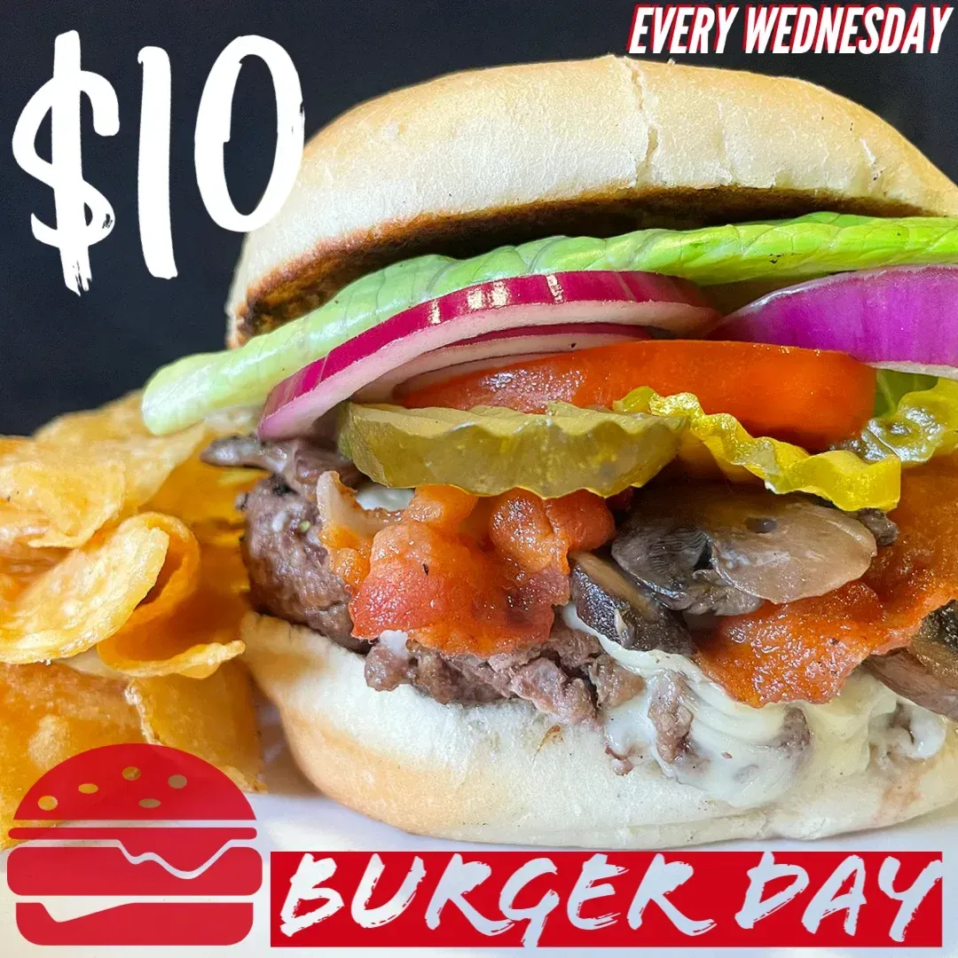 A picture of a hamburger and chips that says burger day