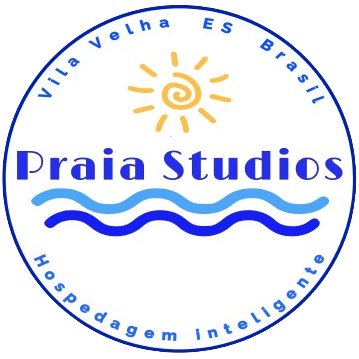 Praia Studios logo with blue waves, yellow sun, and circular text for Vila Velha, ES, Brasil and hospedagem inteligente
