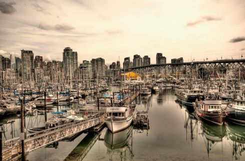A harbor with boats docked and a city in the background