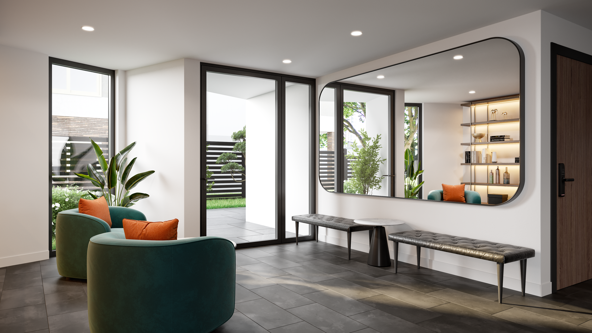 A living room with chairs , a bench and a large mirror.