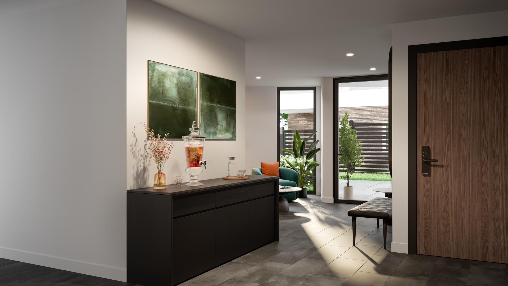 An artist 's impression of a living room with a dresser and a wooden door.