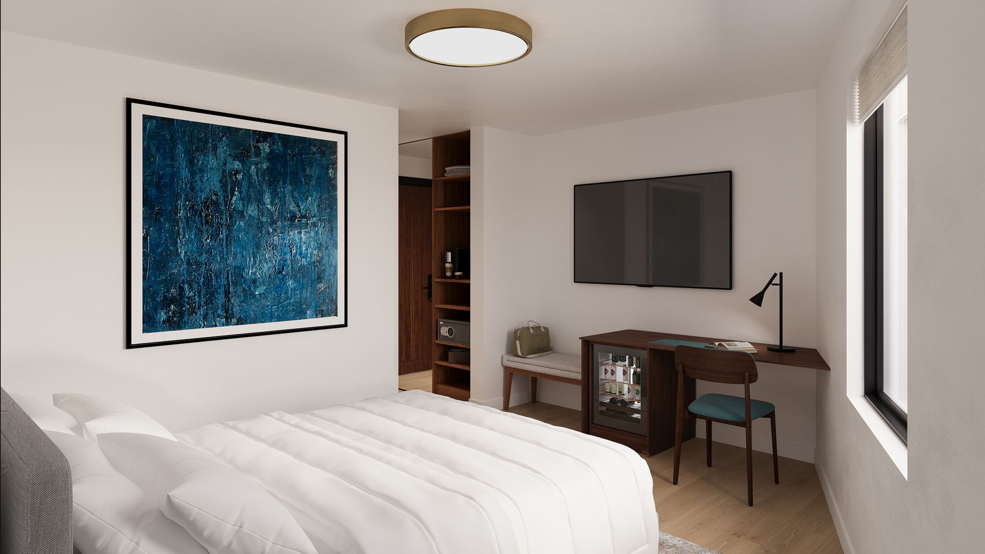 A bedroom with a bed , desk , television and painting on the wall.