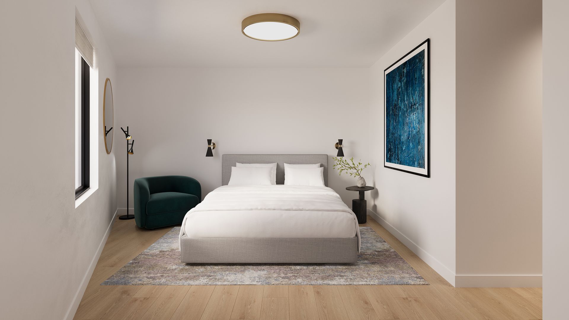 A bedroom with a bed , chair , and painting on the wall.