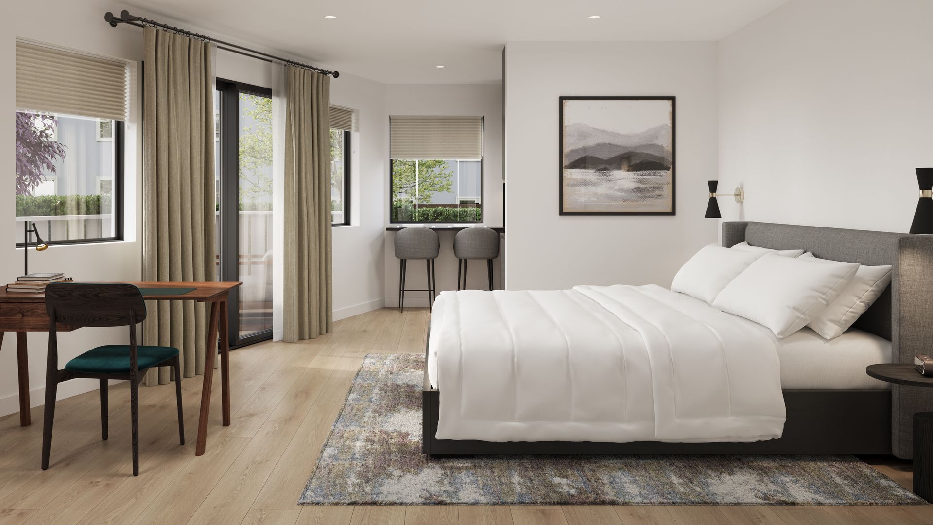 Bedroom with bed, desk, and balcony access. Neutral tones, minimalist design, hardwood floor, natural light.