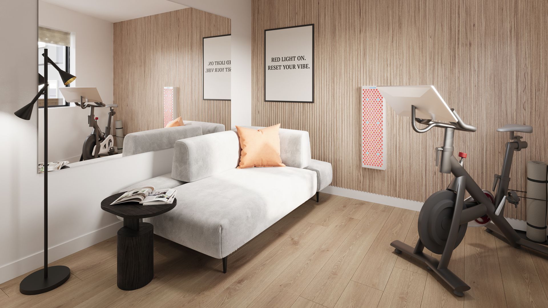 Home gym with exercise bike, sofa, floor lamp, and wall art in a room with wood paneling.