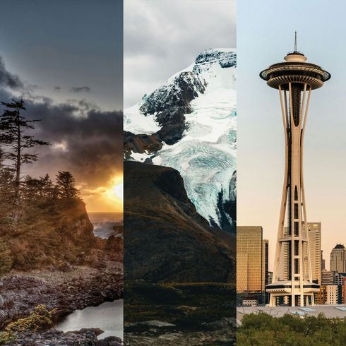 A collage of three pictures shows a mountain a city and a space needle
