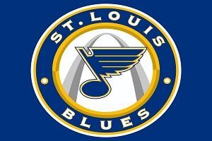 St. Louis Blues logo: Blue circle with the city's landmark, a blue musical note, and the words 