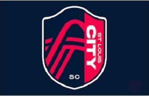 St. Louis City SC logo: Shield with Gateway Arch design, red and white on blue background.