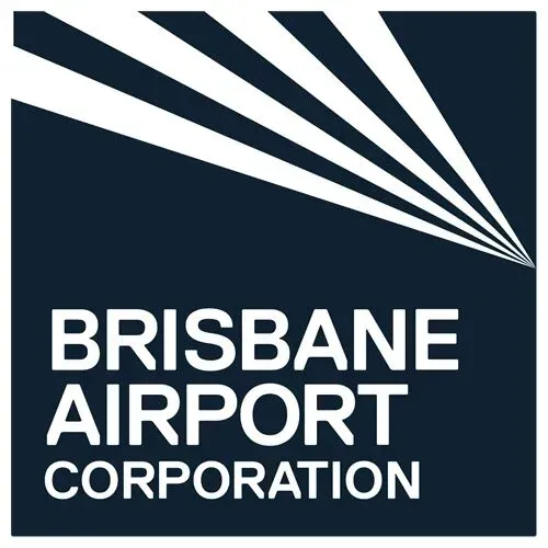 Brisbane Airport Corporation logo. Blue square with white text and diagonal white lines emanating from upper right.