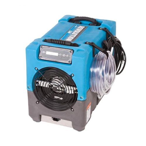 Blue and gray dehumidifier with fan, handle, and coiled hose.