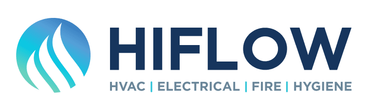 Logo for HiFlow, a service company. Circle logo with blue and green flame design. 