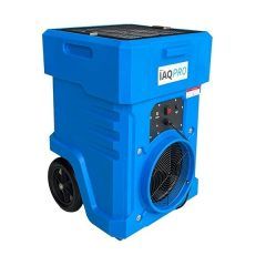 Blue IAQPRO dehumidifier with wheels, fan, and control panel.