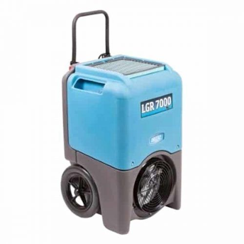 Blue and gray industrial dehumidifier, LGR 7000 model, with a handle, wheels, and fan.