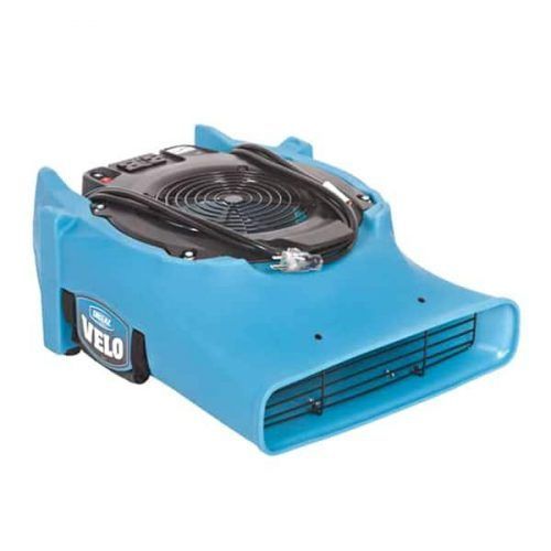 Blue air mover, a tool for drying, with a black fan and power cord.