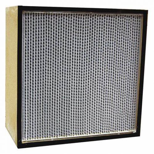 Square air filter with a grid-like interior and a black frame.