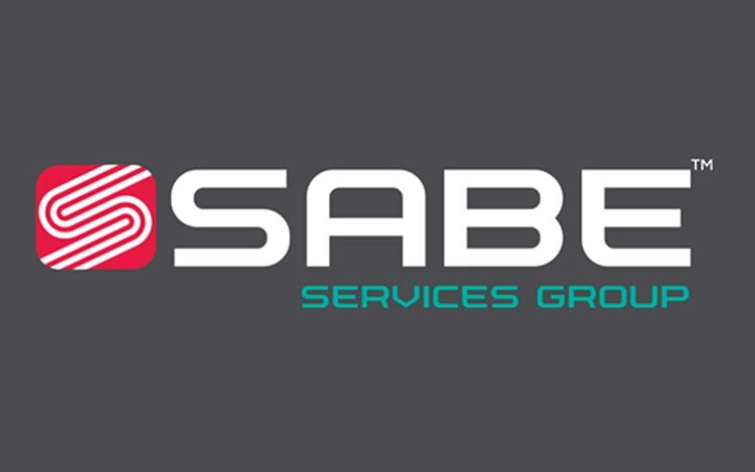 Logo for SABE Services Group, with a red and white S icon on the left and white 