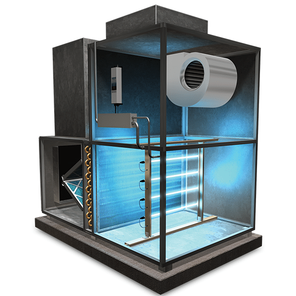 Cutaway view of an HVAC unit showing air handler with a blower, coils, and UV light sanitization.
