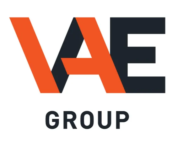 Orange and black VAE Group logo. The V and A are orange, the E is black. 
