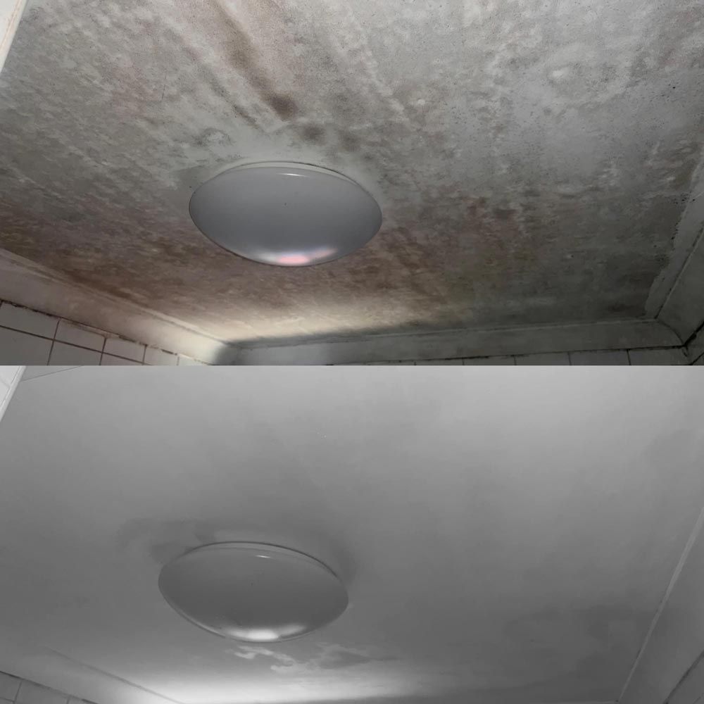 Comparison of a dirty, stained ceiling with a clean, freshly painted ceiling. A light fixture is centered.
