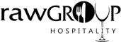 Logo for rawGROUP Hospitality, featuring text and a stylized fork, knife, and wine glass.