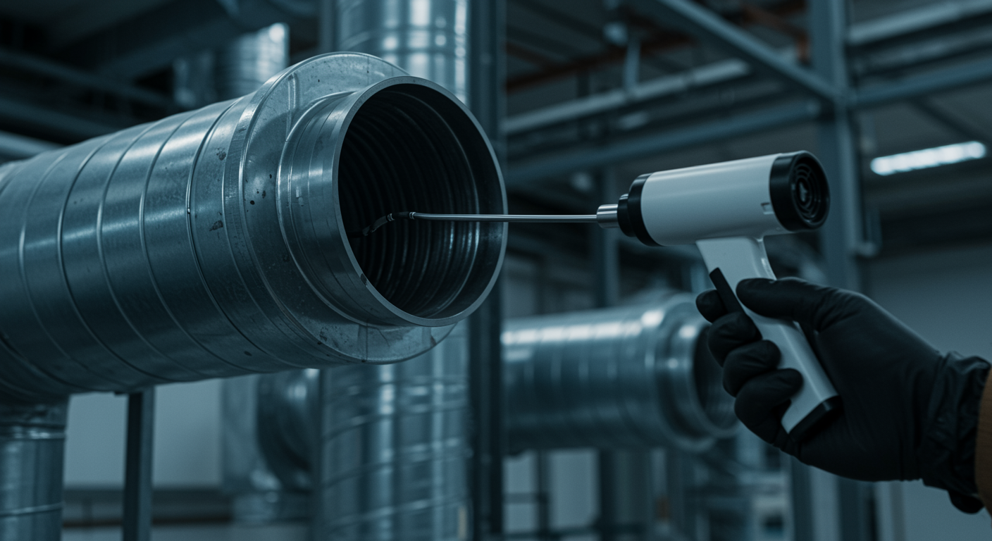 Person in gloves inspecting HVAC ductwork with a handheld device.