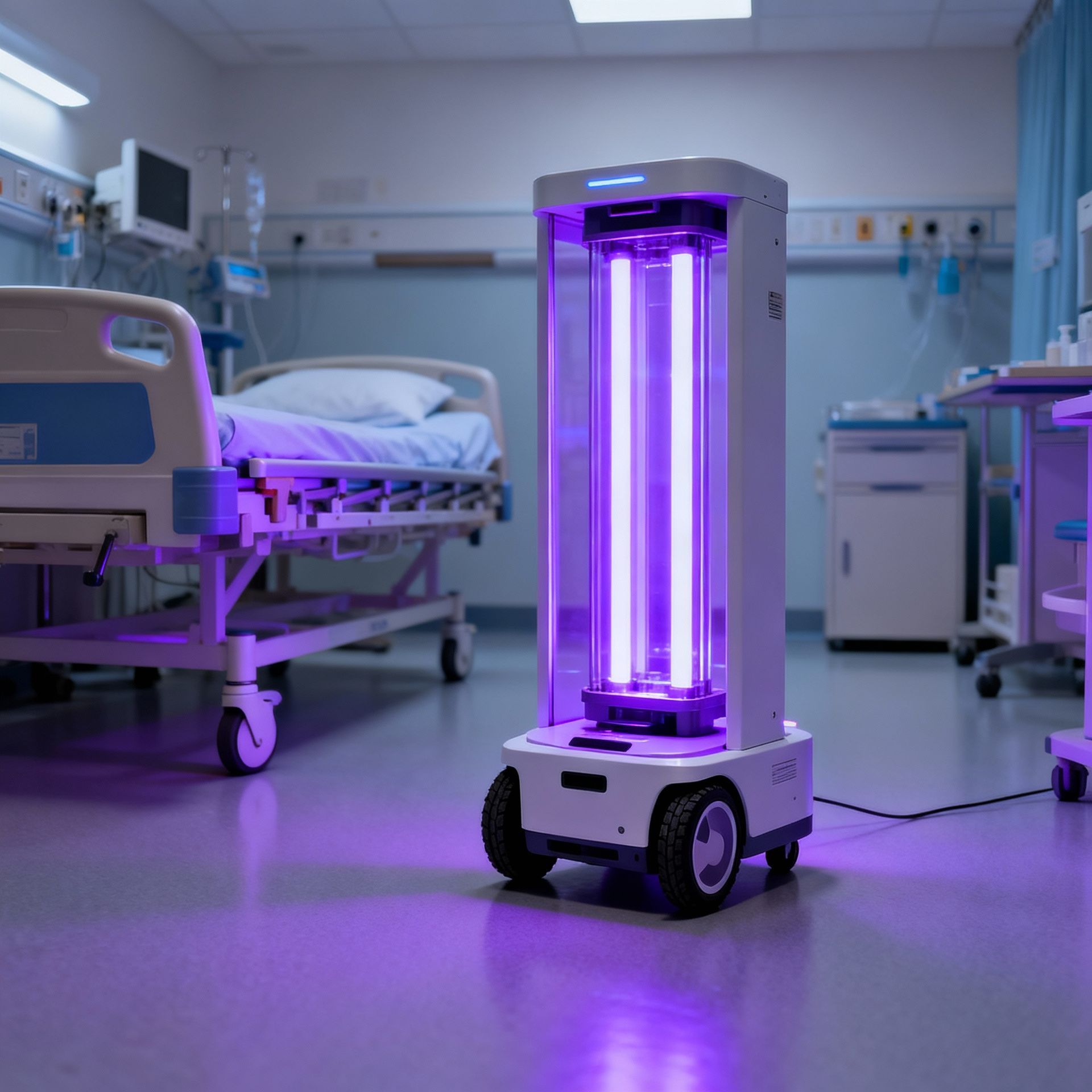A hospital room with a UV light sanitization robot operating. The robot emits purple light.