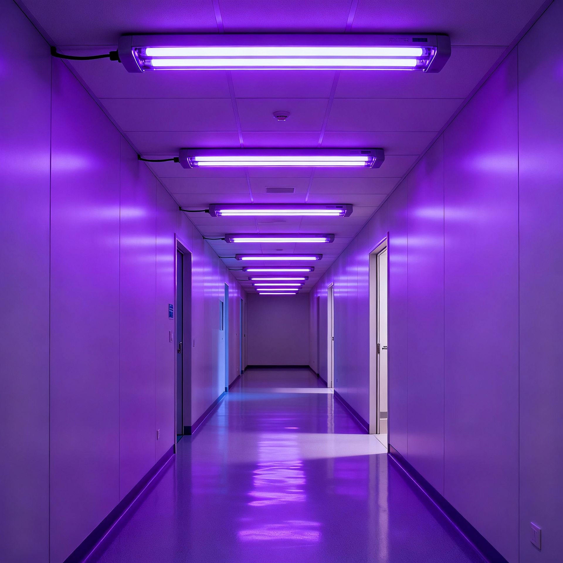 Purple-lit hallway with fluorescent lights. Doors line the sides. Reflective, glossy floor.
