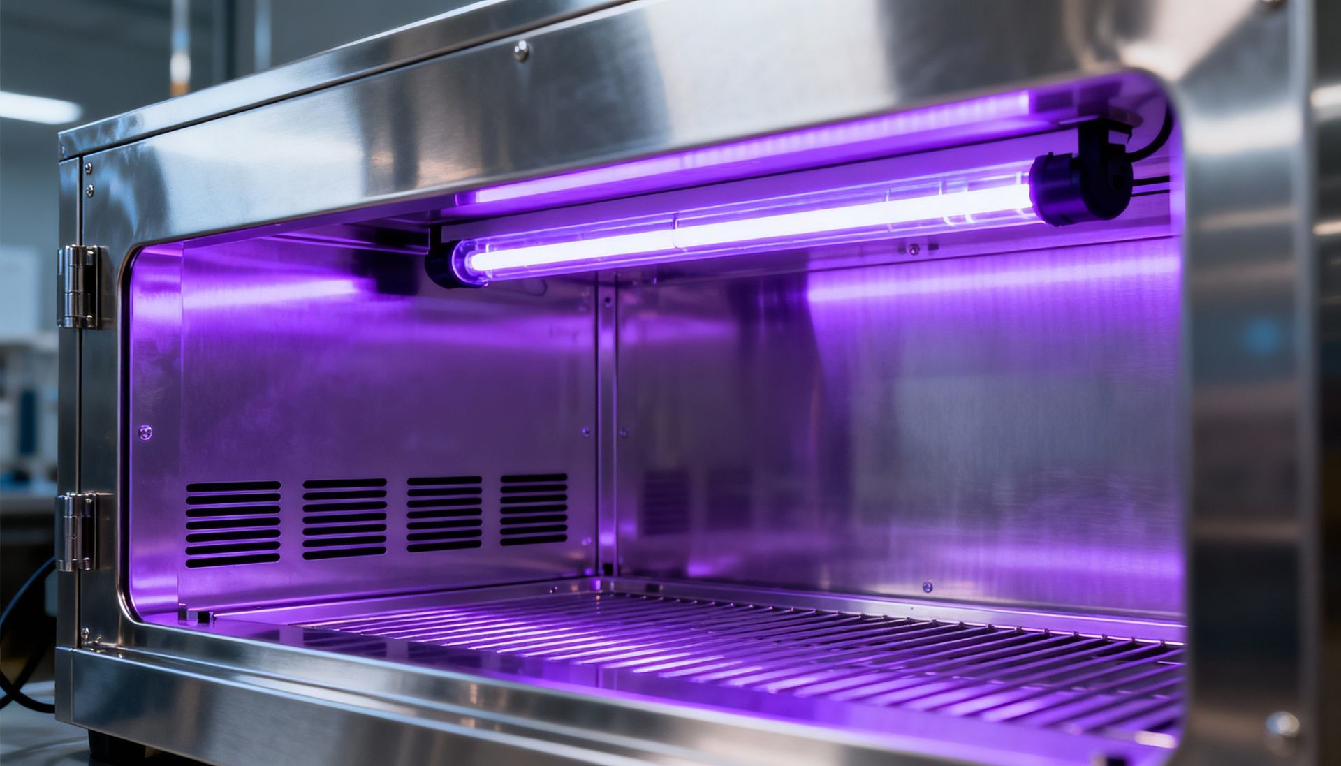 Ultraviolet light sterilizer cabinet glowing purple.