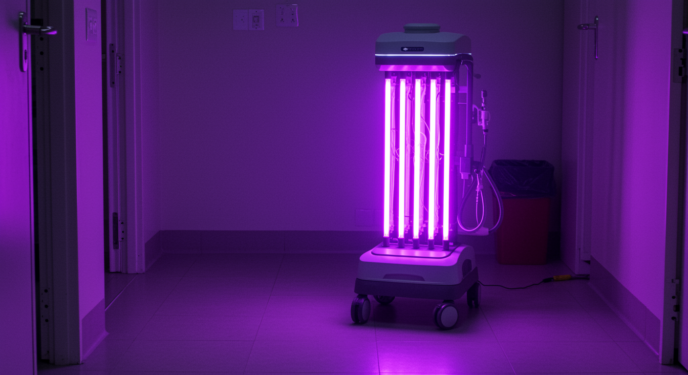 UV light sanitizing robot in a hallway, emitting purple light.