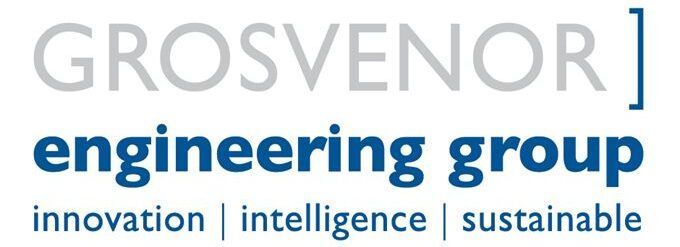 Logo for Grosvenor engineering group: text in grey and blue with 