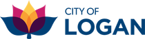 City of Logan logo with a stylized flower in shades of purple, orange, and gold. 