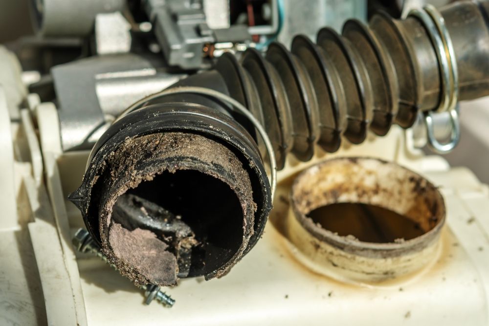 Damaged washing machine drain hose; black rubber tube with buildup; white machine components in background.